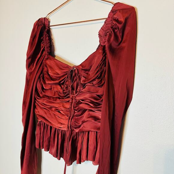 ULLA JOHNSON Women's Red Satin Halter Neck Mirelle Peplum Puff Blouse Size 10 - Picture 15 of 16